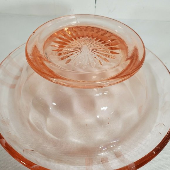 Vintage Pink Depression Glass Etched Rolled Rim Bowl stripes floral garland 7.5" - Picture 6 of 8